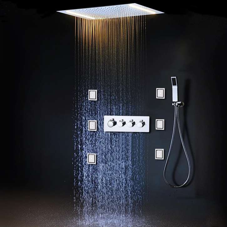 Fontana Deauville Luxury Bathroom Ceiling Shower Head with LED Lights, Hand Shower and Massage Body Jets in Chrome Finish