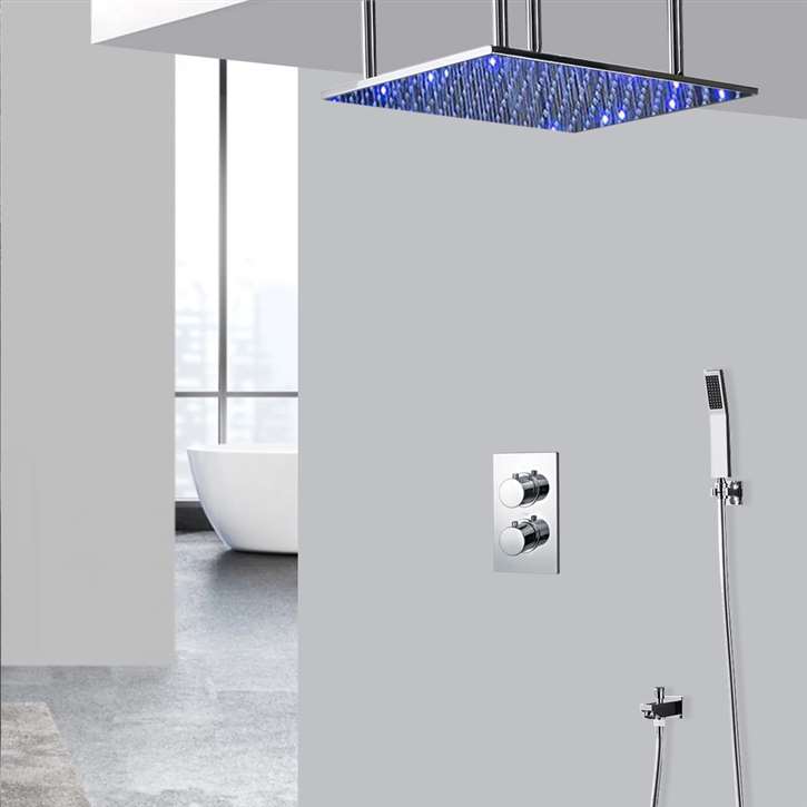 Fontana Melun Stainless Steel LED Thermostatic Chrome Finish 20" Embedded Ceiling Shower Head with Hand Shower