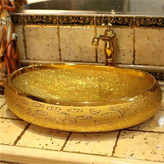 Chieti Embossed Gold Finish Oval Shaped Porcelain Bathroom Sin