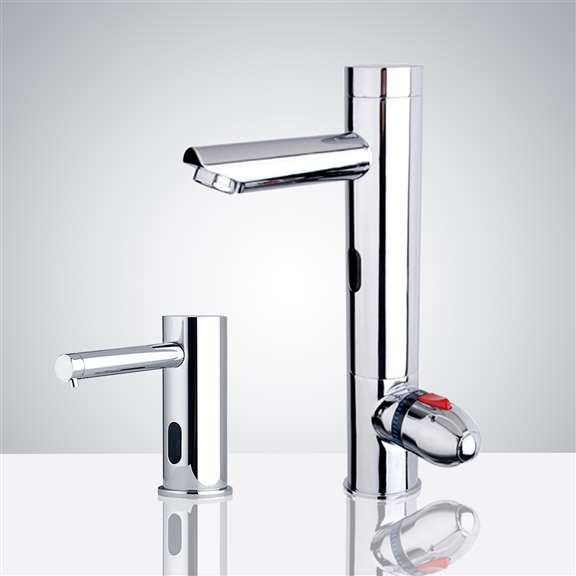 Chrome Finish All-in-one Thermostatic Automatic Commercial Sensor Faucet with Soap Dispenser
