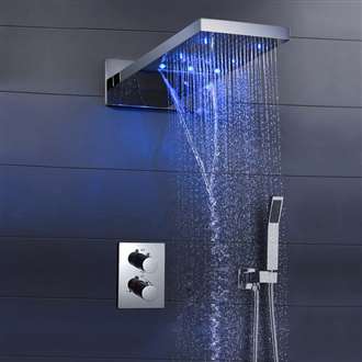 Gordola Waterfall Chrome Wall Mounted LED Rain Bathroom Shower Head Set