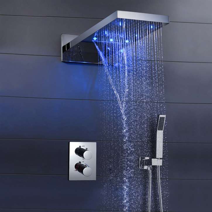 Gordola Waterfall Chrome Wall Mounted LED Rain Bathroom Shower Head Set