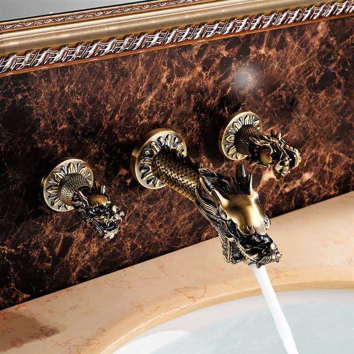 Ferrara Antique Brass Dragon Shaped Dual Handle Wall Mounted Bathroom Faucet