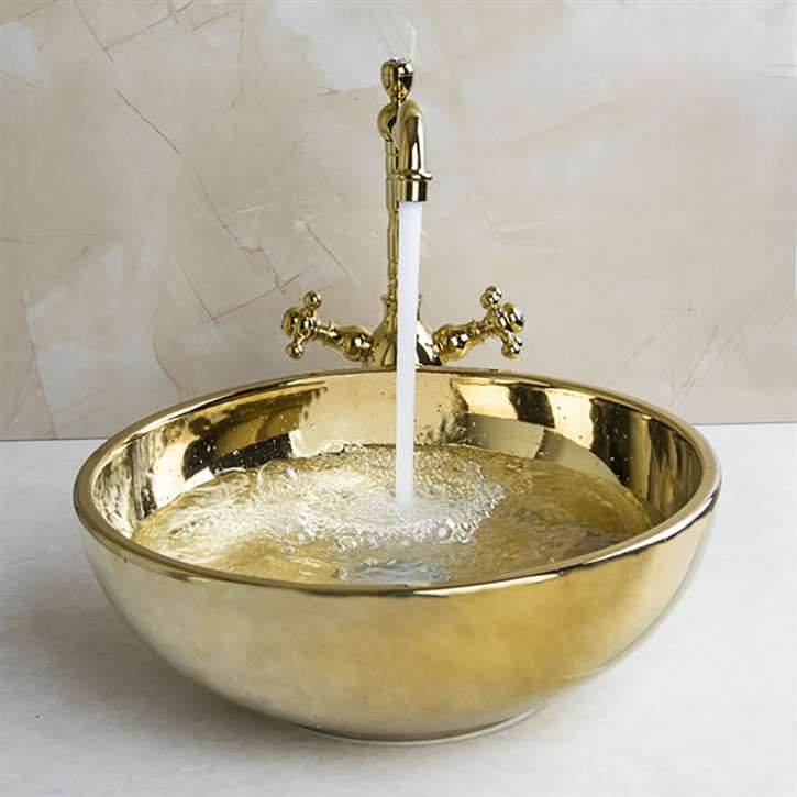 Turin Gold Finish Ceramic Bathroom Sink and Faucet Set