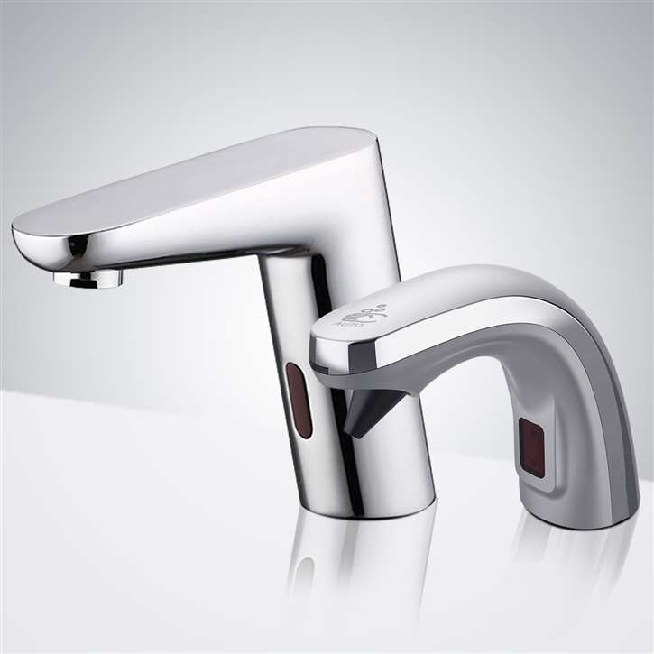 Fontana Reno Touchless Bathroom Chrome Finish Deck Mount Commercial Automatic Sensor Faucet with Matching Soap Dispenser for Restrooms
