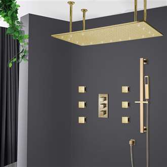 Diadema 30" * 40" Large Brushed Gold Solid Brass LED Rain Shower Head with Body Jets & Handheld Shower