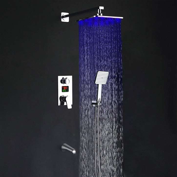Crotone LED Digital Display 3 Way Shower System Rainfall Shower Set With Handheld Shower and Tub Faucet