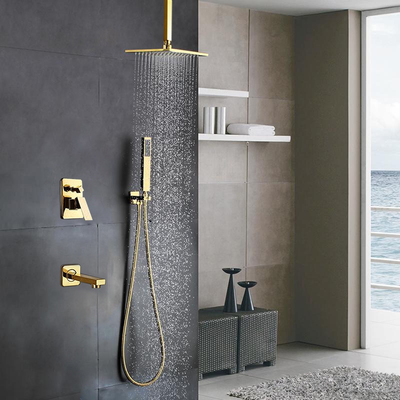 Fontana L'Aquila Brass Gold Tone Shower Set Ceiling Mount - 3 Way Valve  Mixer with Tub Spout Hand Shower and Optional LED Lighting