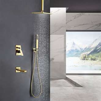 L'Aquila Brass Gold Tone Shower Set Ceiling Mount - 3 Way Valve Mixer with Tub Spout Hand Shower