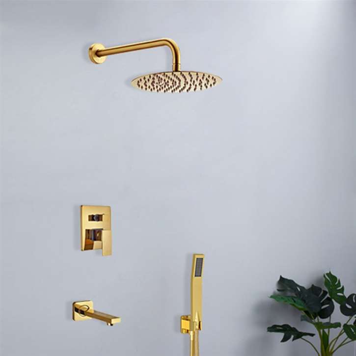 Designer Wall Mount Gold Finish Single Lever Round Shower Set with Handheld Shower Head