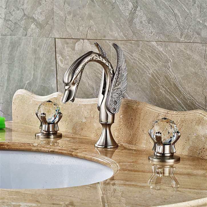 Milan Brushed Nickel Swan Shaped Dual Handle Bathroom Sink Faucet