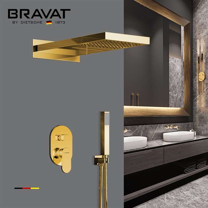 Bravat Wall Mount Polished Gold Rainfall Mixer Shower Set