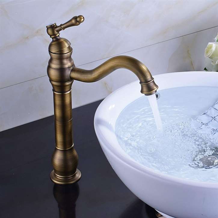 single Hole Tall Antique Brass Bathroom Sink Faucet Swivel Spout Vanity Sink  Thermostatic Mixer Faucet