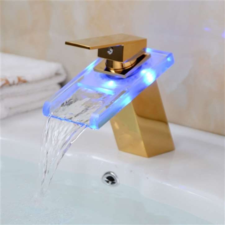 Fontana Gold Finish LED Glass Brass Bathroom Sink Waterfall Faucet