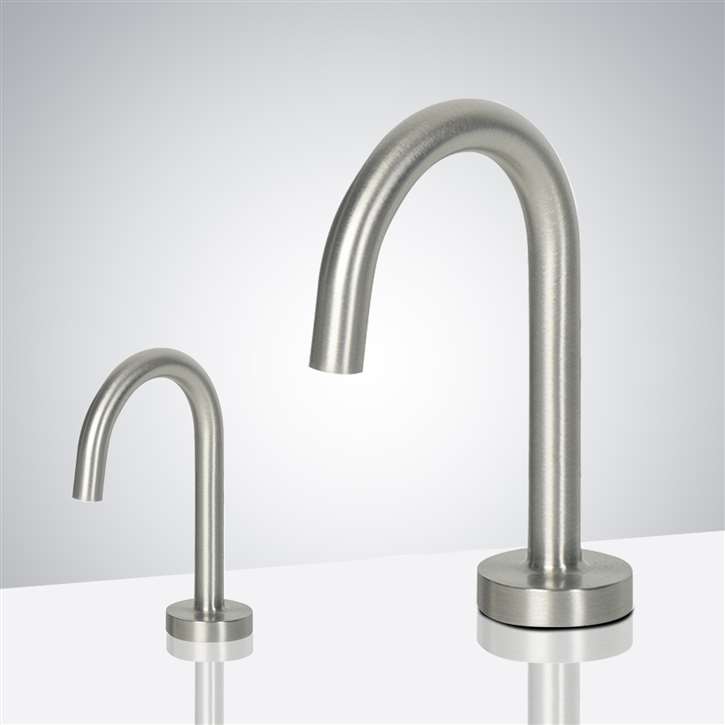 Fontana Luna Gooseneck Brushed Nickel Finish Freestanding Dual Automatic Commercial Sensor Faucet and Soap Dispenser