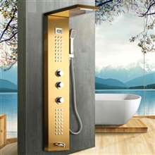 Fontana Chatou Rainfall Waterfall Wall Mounted Shower Panel with Massage Jets, Hand Sprayer and Tub Spout in Brushed Gold Finish