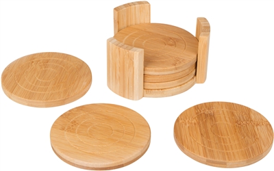 All Natural Round Bamboo Coaster Set of 6 in Holder by Trademark Innovations