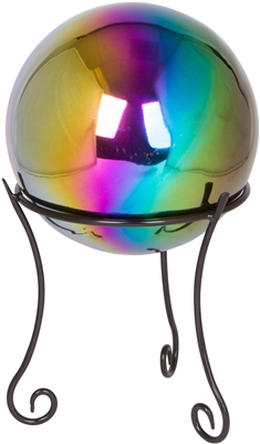 Stainless Steel Gazing Mirror Ball with 8" Tall Black Iron Decorative St- By Trademark Innovations (Rainbow, 8")