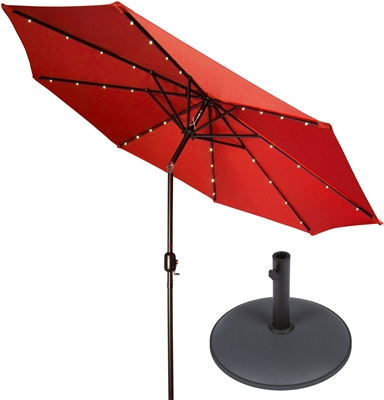 9' Deluxe Solar Powered LED Lighted Patio Umbrella with Gray Circular Base by Trademark Innovations (Red)