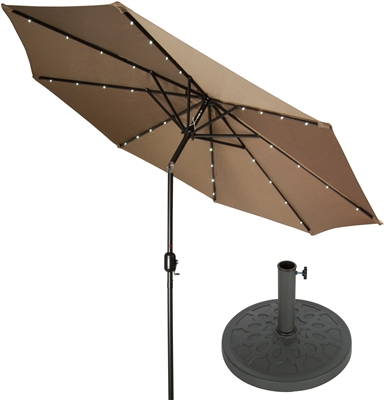 9' Deluxe Solar Powered LED Lighted Patio Umbrella with Gray Circle Geometric Base by Trademark Innovations (Tan)