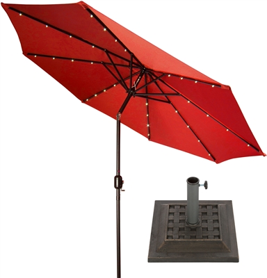 9' Deluxe Solar Powered LED Lighted Patio Umbrella with Bronze-Finish Square Base by Trademark Innovations (Red)