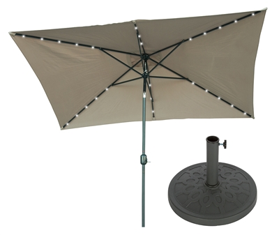 10' x 6.5' Rectangular Solar Powered LED Lighted Patio Umbrella with Gray Circle Geometric Base by Trademark Innovations