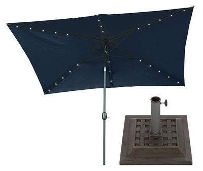 10' x 6.5' Rectangular Solar Powered LED Lighted Patio Umbrella with Square Bronze-Finish Base by Trademark Innovations (Blue)