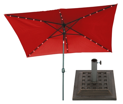 10' x 6.5' Rectangular Solar Powered LED Lighted Patio Umbrella with Square Bronze-Finish Base by Trademark Innovations (Red)