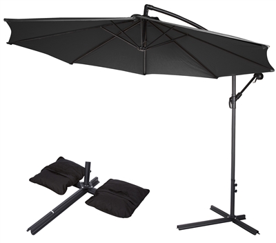 10' Deluxe Polyester Offset Patio Umbrella with Set of 2 Saddlebag Style SWeight Bags by Trademark Innovations (Black)