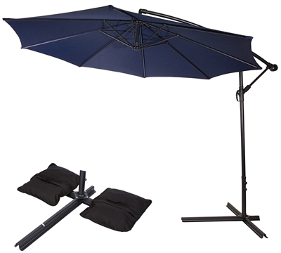 10' Deluxe Polyester Offset Patio Umbrella with Set of 2 Saddlebag Style SWeight Bags by Trademark Innovations (Blue)