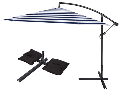 10' Deluxe Polyester Offset Patio Umbrella with Set of 2 Saddlebag Style SWeight Bags by Trademark Innovations (Blue Striped)