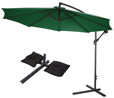 10' Deluxe Polyester Offset Patio Umbrella with Set of 2 Saddlebag Style SWeight Bags by Trademark Innovations (Dark Green)