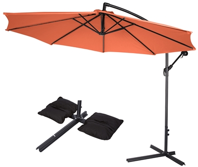 10' Deluxe Polyester Offset Patio Umbrella with Set of 2 Saddlebag Style SWeight Bags by Trademark Innovations (Orange)