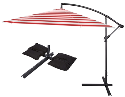 10' Deluxe Polyester Offset Patio Umbrella with Set of 2 Saddlebag Style SWeight Bags by Trademark Innovations (Red Striped)