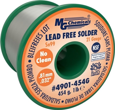 Sn99 LF, NC,  0.032", 21 Gauge, 99.3% tin and 0.7% copper, 1 lb (454 g) Spool, Lead-Free Solder Wire