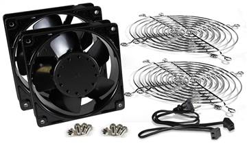 Low dB AC fan kit. Includes 2x 120mm Fans with metal grills and cord assembly. 116 CFM and only 30 dB.