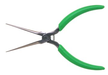 6" Long Needle Nose Pliers, Serrated Jaws, Green Cushion Grips