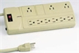 Commercial plastic power bars.  9 outlets (3 with extra spacing for adaptors and transformers) 6ft cord, 70 joules max.