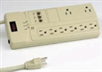 Commercial plastic power bars.  8 outlets (2 with extra spacing for adaptors and transformers) 6ft cord, 900 joules max.