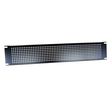 2U perforated steel rack panel, finished in black smooth powder paint