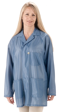 Sterling Lab Coat w/ESD grid-knit cuffs, OFX-100 fabric, hip-length jacket, Blue, 3pockets