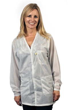 V-Neck Lab Coat w/ESD grid-knit cuffs, OFX-100 fabric, hip-length jacket, White, 3pockets