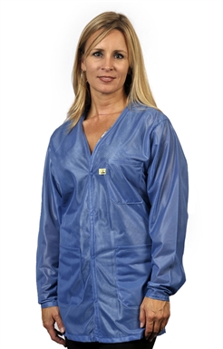 V-Neck Lab Coat w/ESD grid-knit cuffs, OFX-100 fabric, hip-length jacket, Blue, 3pockets