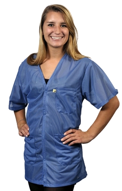 V-Neck Lab Coat with short sleeve, OFX-100 fabric, hip-length jacket, Blue, 3pockets