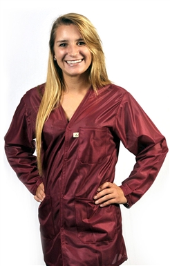 V-Neck Lab Coat with Key Option, OFX-100 fabric, hip-length jacket, Burgundy, 3pockets