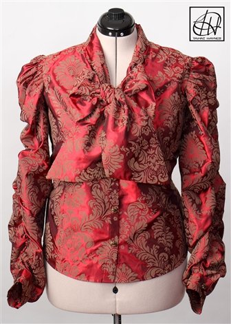 Damask Bow Blouse: V-Neck, Long Ruched Sleeves