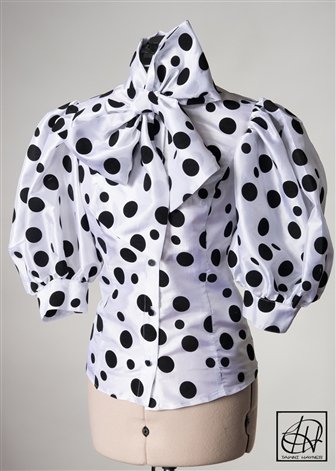 White Black Multi Polka Dot Taffeta Bow Blouse