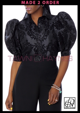 Damask Taffeta Standard Collar Puff Sleeve Body Blouse