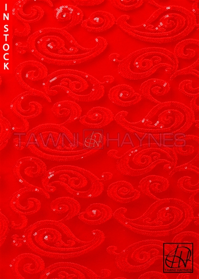 Red Decorative Sequin on Red Net Fabric