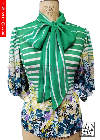 In-Stock! Green & White Stripe Chiffon Bow Blouse